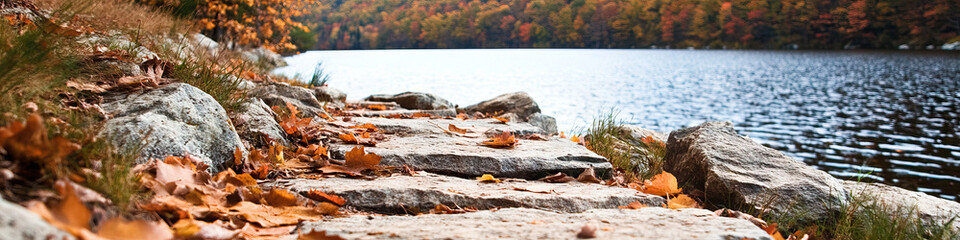 Autumnal Lake Shore with Rocks and Fallen Leaves