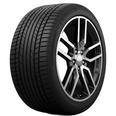 Obraz premium A single black car tire with a metallic alloy rim, standing upright, isolated on a white background