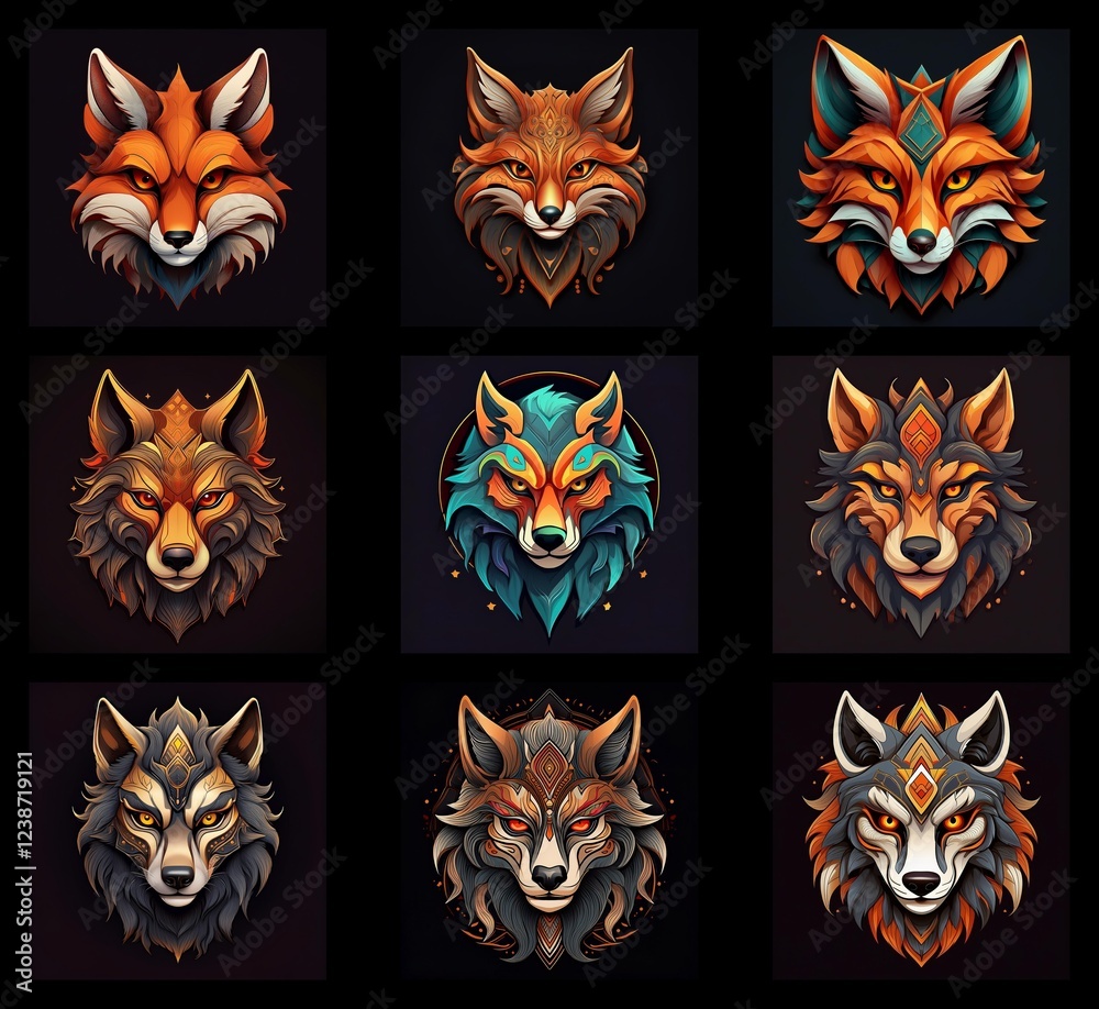 Poster nine vibrant fox and wolf head illustrations. geometric patterns and rich color palettes create a my