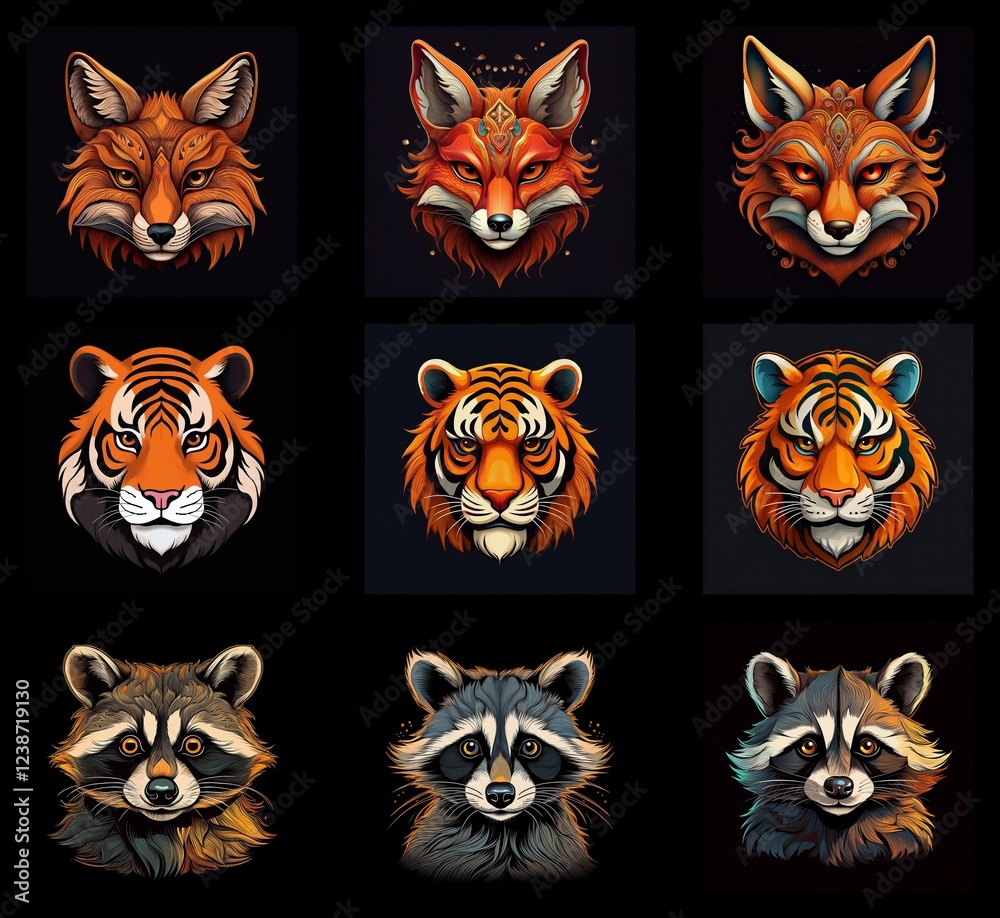 Poster nine vibrant animal portraits: three foxes and three tigers, each depicted three times with subtle v
