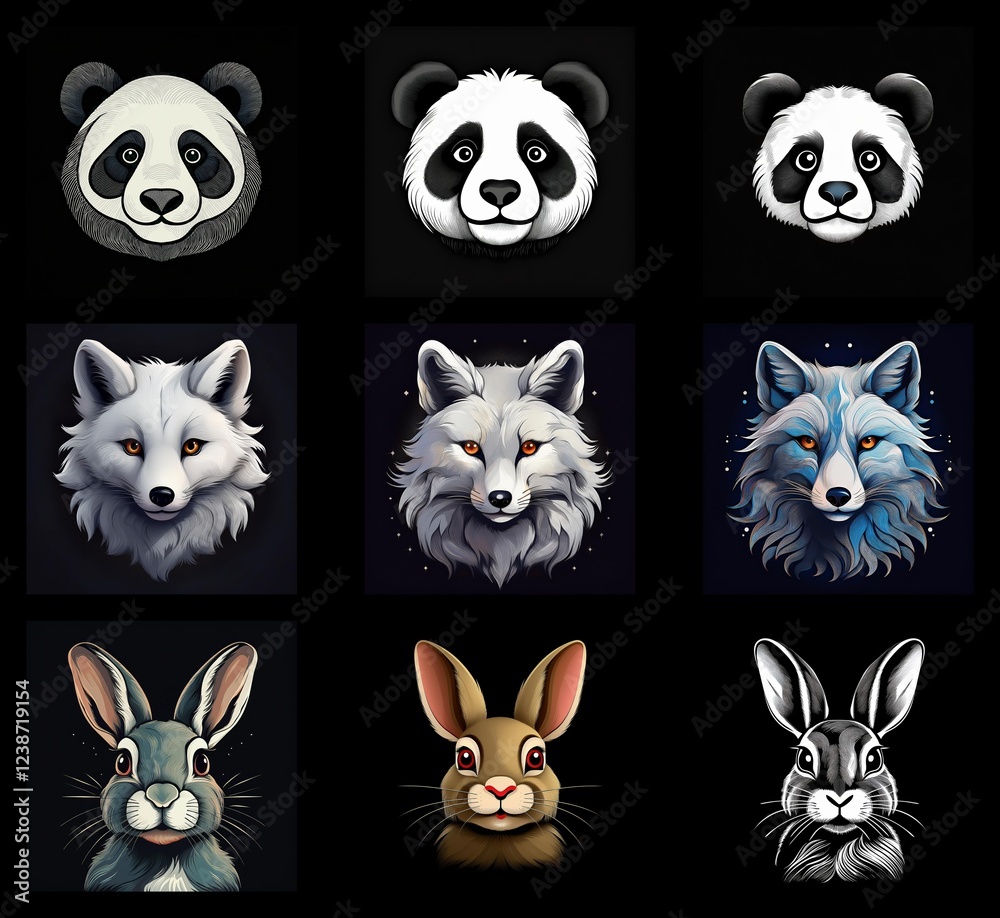 Poster nine charming animal portraits: pandas, arctic foxes, and rabbits. each creature is depicted in thre