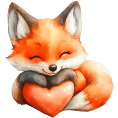 Watercolor clipart of baby fox holding a heart, isolated on a tranparent background, nurcery art, valentines day sticker, illustration of romantic forest animals