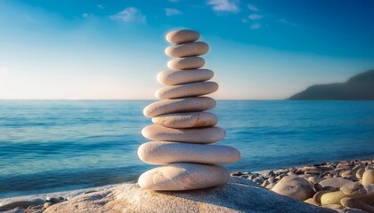 folded pyramid of clean stones on the seaside