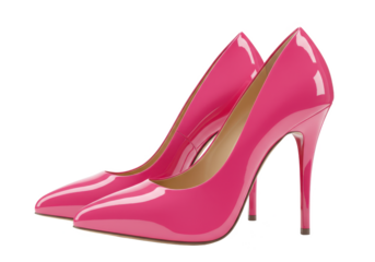 Pair of pink high-heeled shoes with a glossy finish isolated on white background
