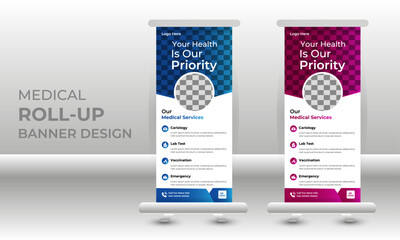 Healthcare and medical agency Corporate roll up banner design or pull up banner template and stand design, advertisement, flyer design, display vector illustration.