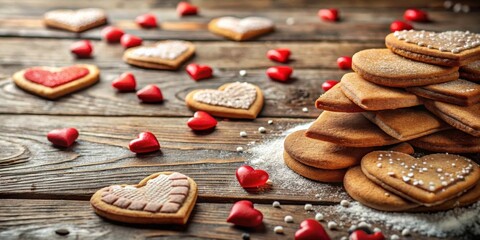 Aromatic heart-shaped cookies and red candies arranged on a rustic wooden surface