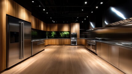 A contemporary kitchen featuring stainless steel appliances and minimalist design elements, ideal for both cooking enthusiasts and interior design lovers.