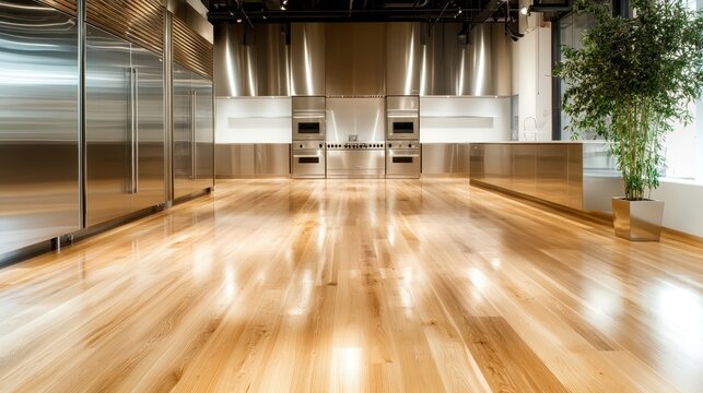 This kitchen showcases an elegant design with metallic finishes and a sleek layout, enhancing any cooking experience with a modern touch and inviting ambiance.
