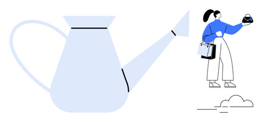 Woman in blue holding shopping bags, giant watering can symbolizing nurturing growth, small clouds. Ideal for growth, nurturing, shopping, environment, minimalism, balance lifestyle concepts