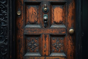 Intricate wooden door with vintage hardware and ornate carvings in an urban setting