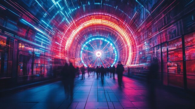 Neon Labyrinth A Futuristic Tunnel With Light Trails And Silhouetted Figures Walking Towards a Ferris Wheel