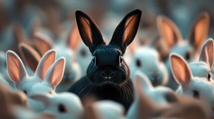 A visually striking image featuring a crowd of white rabbits surrounding a solitary black rabbit, symbolizing individuality amidst conformity.