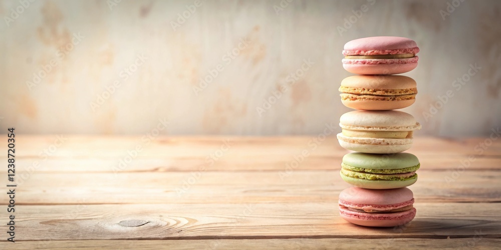 Poster a delectable stack of pastel-colored macarons rests on a rustic wooden surface against a blurred bac