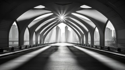 Naklejka premium Sunbeams Through Modern Arch Bridge: Urban Cityscape Photography