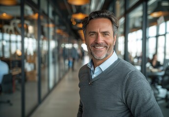 Obraz premium A man is smiling in a room with a lot of windows