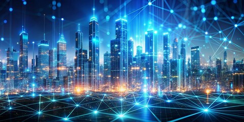 Cityscape with a Network of Blue Lines Connecting Buildings