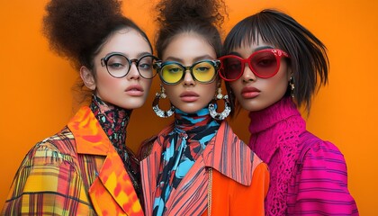 Obraz premium Three women wearing glasses and bright outfits, facing forward with orange background