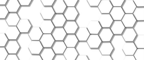 Vector technology background with hexagon concept design. Embossed Hexagon , honeycomb white shadow. Luxury White 3D futuristic honeycomb mosaic white background.  
