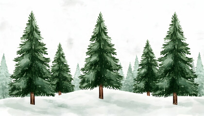 Obraz premium Watercolor painting of snow-covered evergreen trees in a winter wonderland scene. Ideal for Christmas cards, winter-themed decorations, or seasonal websites.