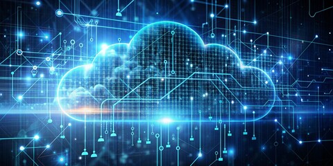 Fototapeta premium Digital Cloud Network Abstract Blue Circuitry with Glowing Cloud Shape Representing Data Connectivity and Technology