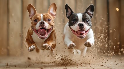 Two lively dogs leap into the air playfully, their joyful expressions caught mid-action, with dust and excitement swirling around them in this vibrant scene.