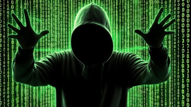 Hooded hacker in shadow on green code lines in motion background 