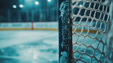  Close-up of a hockey goal, with an ice rink in the background. The image has a cinematic, raw style