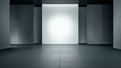 Fototapeta premium Modern gallery wall mockup in darkness. Dark museum hall 