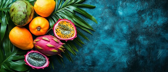 Fresh tropical fruits like dragon fruit, persimmon, and mangosteen rest on lush green leaves against a striking blue backdrop, showcasing their colors
