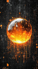 radiant amber sphere surrounded by glowing particles and digital patterns