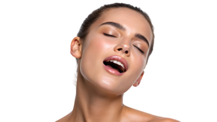 a close up young woman face feeling orgasm isolated on white