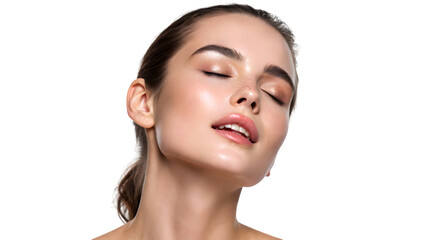 a close up young woman face feeling orgasm isolated on white