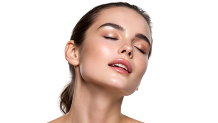 a close up young woman face feeling orgasm isolated on white