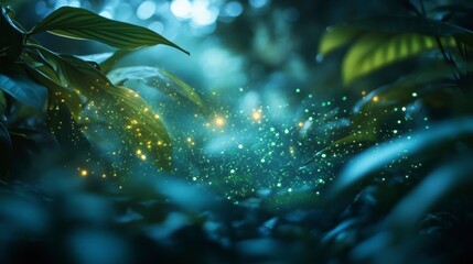 Fototapeta premium Mystical Forest Scene with Glowing Fairy Lights and Lush Green Leaves at Night
