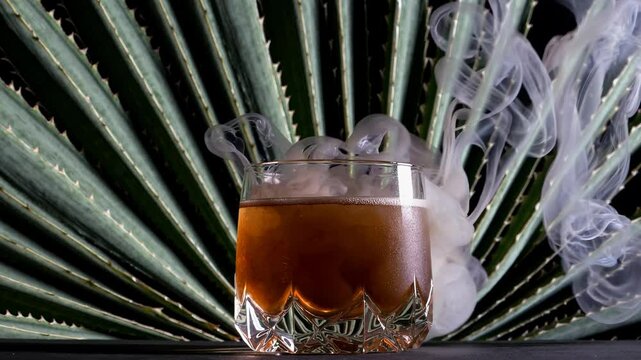 Smoky mezcal cocktail in a faceted glass with ice, surrounded by swirling smoke, set against dramatic agave leaves