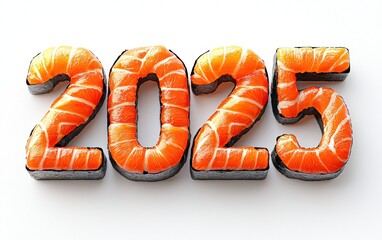 Naklejka premium 2025 Formed with Fresh Sushi Nigiri and Maki Rolls Isolated on a White Background