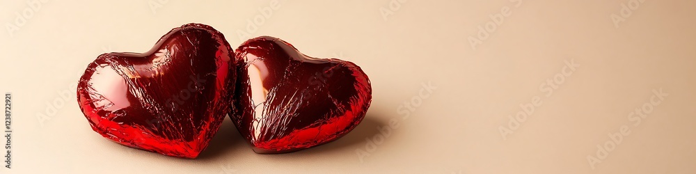 Fototapete a pair of heart-shaped chocolates wrapped in shiny red foil, resting on a simple cream background