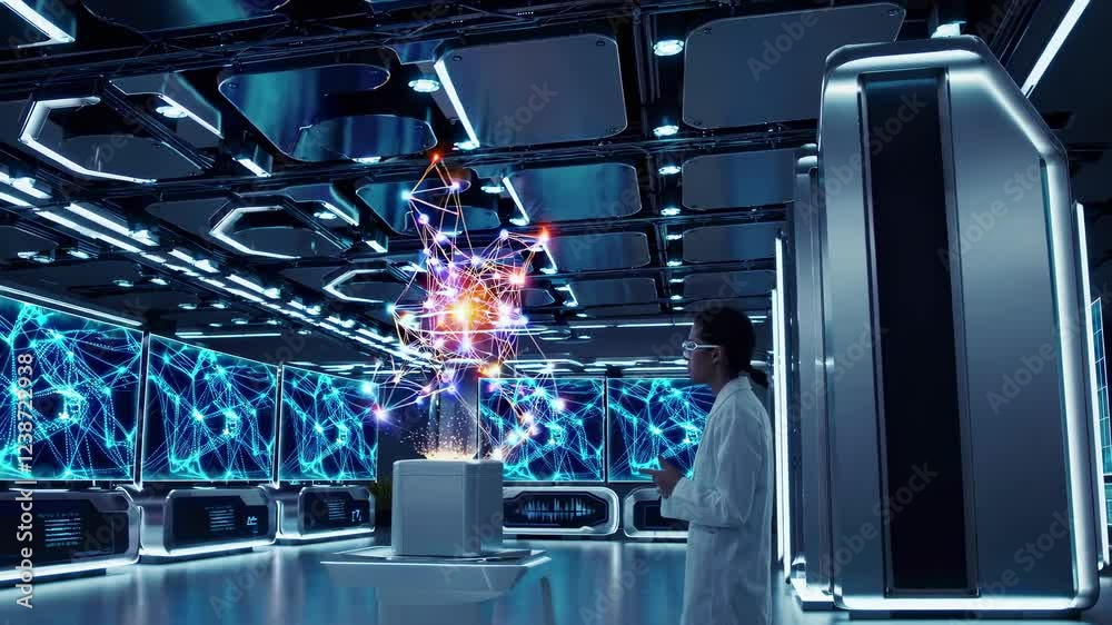 Poster exploring advanced technology in a futuristic research lab with network visualizations