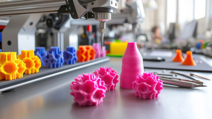 3D printed objects in vibrant colors on table with tools, showcasing industrial technology and creativity