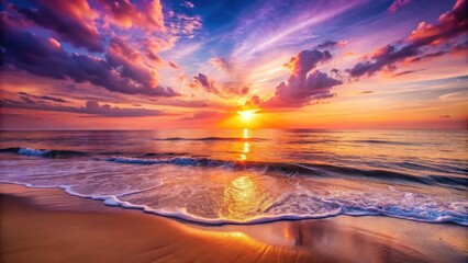 Obraz premium Serene Ocean Sunset with Vibrant Sky and Gentle Waves on Sandy Shore