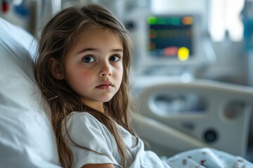 Child in hospital bed shows a contemplative expression during a medical visit in a pediatric ward