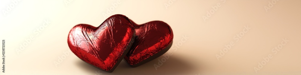 Fototapete a pair of heart-shaped chocolates wrapped in shiny red foil, resting on a simple cream background