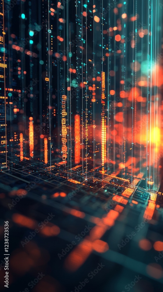 Poster A mesmerizing digital environment filled with glowing lines and data points creates an immersive experience of technological advancement