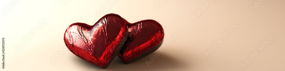 Fototapete a pair of heart-shaped chocolates wrapped in shiny red foil, resting on a simple cream background