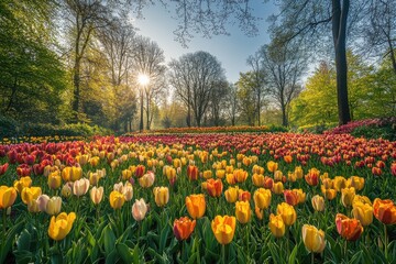 Fototapeta premium Colorful tulip garden in bloom under the warm morning sun in a tranquil park setting