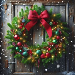 Festive Christmas Wreath with Red Bow and Lights on Rustic Wooden Door