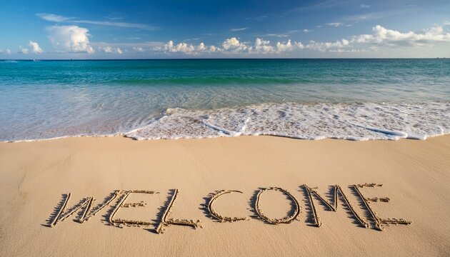 welcome written in a sandy tropical seaside