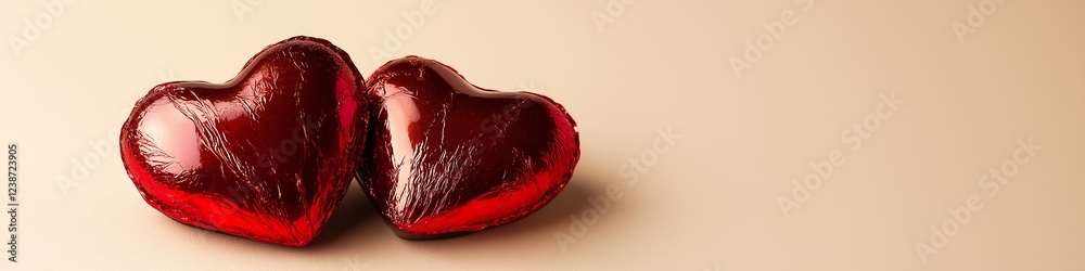 Fototapete a pair of heart-shaped chocolates wrapped in shiny red foil, resting on a simple cream background