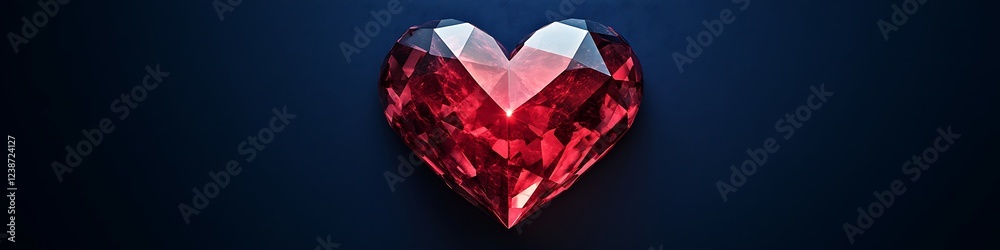 Fototapete a ruby-red crystal heart with faceted edges, glowing softly against a solid navy blue background