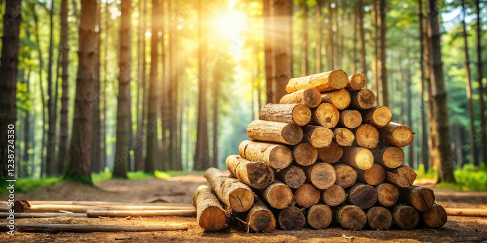 Poster A pyramid of neatly stacked logs rests on a forest path, bathed in the warm glow of the sun filtering through the trees